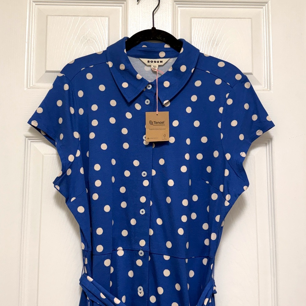 NWT Boden Marcia Jersey Shirt Dress in Bright Blue Painted Dot - Picture 8 of 10